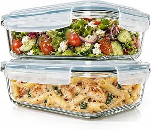 Razab 6.5 Cups / 52 Oz 4 Piece (2 Containers + 2 Lids) Glass Food Storage Containers Set with Airtight Locking Lids - For Storing, Baking & Serving BPA Free, Leakproof - Microwave, Freezer & Oven Safe
