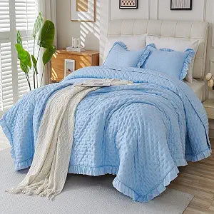Ruffle Comforter Queen Size, Sea Blue 3-Piece Bedding Set for Bedroom Guest