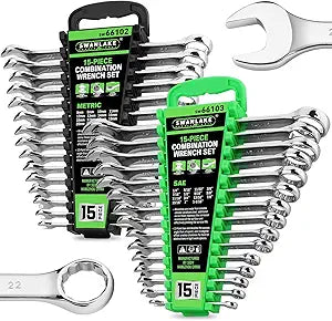 SWANLAKE 30-Piece Combination Wrench Set, Metric & SAE (8-22mm & 1/4 to 1-1/16),12-Point Open End Standard Wrench Set, Mechanics Wrenches Sets, Chrome Vanadium Steel with Storage Rack