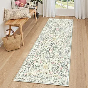 Lahome Sylvie Washable Runner Rug 2x6, Boho Kitchen Runner Rugs 24 x 72 Non Slip,Vintage Indoor Throw Carpet for Bedside Hallway Entry Bedroom Laundry, Beige/Multi