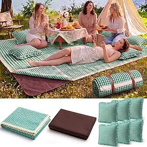 Boao 9 Pack 98''x 78'' Extra Large Gingham Picnic Blanket Set with 6 Pillow Covers 1 Carry Strap Waterproof Double Layer Foldable Beach Blanket Outdoor for Camping, Park, Lawn, Beach(Green White)
