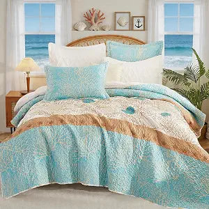 3 Pieces Coastal Quilt Sets King Size-Ocean Theme Coral Shell Starfish Conch Pattern Printed Quilt,Reversible Beach Bedding Set,Summer Soft Lightweight Nautical Bedspread Coverlet(King 106"x96")