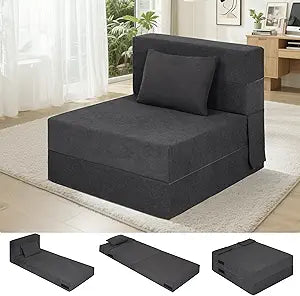 Fvkind Folding Sofa Bed, 4 in 1 Convertible Fold Out Single Chair Bed with Pillow, Memory Foam Futon Chair, Foldable Futon Couch, Foldable Sofa Mattress for Living Room, Bedroom, Guest Room, Dark Grey