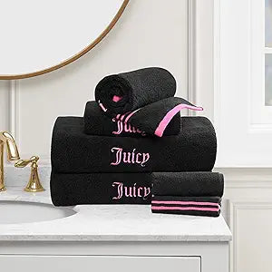Juicy Couture Black/Hot Pink Border Bath Towels 6-Piece 100% Cotton Bath Towel Set
