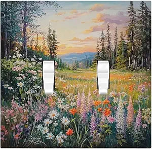 Decorative Switch Plates Floral Landscape Rustic Nature Wildflower 2 Gang Double Toggle Outlet Light Switch Cover Wall Plate Electrical Faceplate For Bed Room Living Room Decor