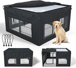 Dog Playpen Cover | 1680D Waterproof Oxford Cloth & Nylon Mesh | Fits 32" H 8 Panels Dog Playpen Only | UV-Resistant, Waterproof, Breathable | Black