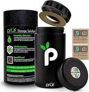 Prf Jar with Built-In Humidity & Temperature Monitor (Hygrometer) Airtight 500ml UV-Proof Glass Storage Jar with Silicone Seal Humidity Control Includes 2 Boveda 62% (8g) Packs by Hygenix