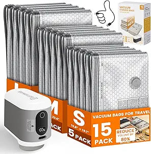 15 Pack Vacuum Seal Bags for Clothing Travel with -60KPa Rechargeable Wireless Pump, Space Saver Compression Vacuum Storage Bags in Multiple Carry-On Sizes for Luggage, Suitcase and Seasonal Storage