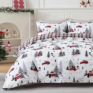 3 Piece Christmas Duvet Cover Queen Size, Christmas Tree Red Cabin Queen Comforter Cover Plaid Printed Reversible Holiday Bedding Set with 2 Pillow Shams, 90" x 90"
