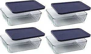 Pyrex 7211 6-Cup Glass Dish & 7211-PC Dark Blue Lid (4-Pack) - Made in USA