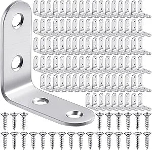 Pelopy 100 Pcs L Shaped Bracket Corner Brace Stainless Steel 90 Degree Corner Brace Heavy Duty Right Angle Bracket for Wood Furniture Chair Drawer Cabinet with Screws (1.57 x 1.57 Inch)