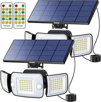 intelamp Solar Lights Outdoor, 3 Head Solar Motion Sensor Lights for Outside, lP65 Waterproof,Separate Panel with 9FT Cable Remote Control Flood Lights