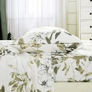 Chezmoi Collection Julia 4-Piece Floral Bed Sheet Set - Multicolor Taupe-Green Gray White Floral Leaves Printed Microfiber 14-Inches Deep Pocket Sheets & Pillowcases Set, Full