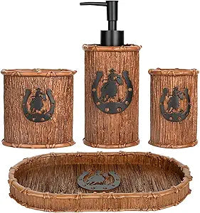 Bathroom Accessory Sets 4PCS Bathroom Accessories Set Complete Western Rustic Horseshoes Decoration Includes Lotion Dispenser Toothbrush Holder Tumbler Cup & Vanity Tray