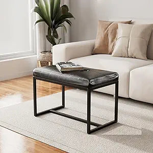 Modern Leather Ottoman Bench, PU Leather Vanity Stools Chairs with Metal Frame, Makeup Stool Padded Foot Rest Stool for Living Room Vanity, Entryway, Bathroom, Black