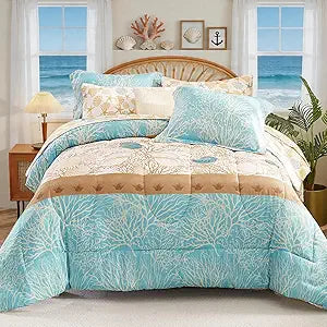 Coastal Comforter Set - 7 Piece Beach Themed Comforters,Reversible Coral Shell Starfish Conch Pattern Printed Bedding Set with Comforter,Flat Sheet,Fitted Sheet and Pillowcases & Shams(King 104"x90")