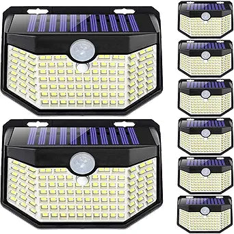 HMCITY 120 LED Outdoor Solar Lights with Motion Sensor and 3 Lighting Modes, IP65 Waterproof Wide Solar Wall Lights Ideal for Garden Patio Yard (Front Button 8Packs, Black Shell-Daylight White)