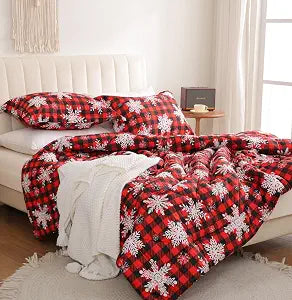 JSD Red Buffalo Plaid Snowflakes Christmas Comforter Set Queen Size