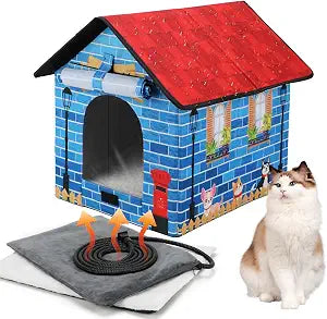 Heated Outdoor Cat House Double Door Heater Cats Shelter,Weatherproof Foldable Heat Kitty House with Insulated Kitten Heating Pad Bed for Feral Barn Cat Kitten Puppy Outside Pets in Winter