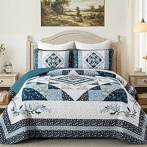 Dobuyly Quilts Queen Size,Patchwork Bedspreads Queen Size,Blue Floral Summer Lightweight Coverlet Set for Queen Bed for All Season96 x90