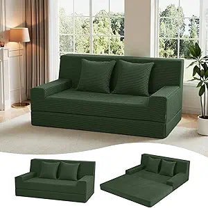 MeMoreCool Boneless Loveseat Sofa Bed Dark Green Corduroy Convertible Futon Couch, Foldable Floor Sleeper with Foam & Pillow, Washable Cover for Bedroom, Apartment, Small Living Room