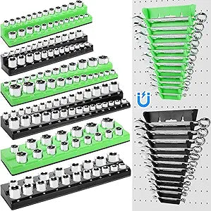 Blulu 8 Pcs Magnetic Socket Organizer & Magnetic Wrench Organizer Set 1/4", 3/8", 1/2" Socket Holder, 24-slot Drawer Storage Rack Tool Tray SAE (1/4" to 1-1/16"), Metric (6mm to 24mm) Black Green