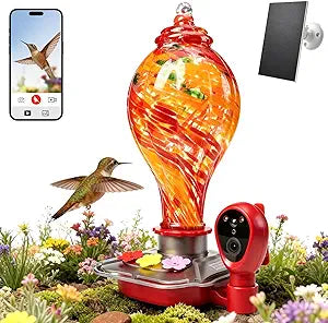 Hand-Blown Glass Smart Hummingbird Feeder with Camera, Solar Powered 2K HD Live View, AI Bird ID & Motion Alerts, Nectar Monitor, Leakproof, Water Moat, 2.4GHz Wi-Fi Hanging Gift for Outdoors (27oz)