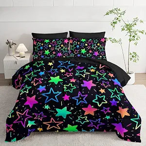 7pcs Comforter Set Colorful Stars Printed Bedding Set with 1 Comforter, 1 Flat Sheet, 1 Fitted Sheet and 4 Pillowcases for Boys and Girls Bedroom (Stars Full