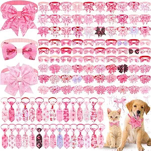 Talltalk 120 Pcs Pink Bow Dog Bow Tie Basic Collar Set Includes 60 Ties for Dogs Pet Pink Flower Grooming Bowtie 30 Neckties 30 Large Tie Basic Collar Holiday Accessories for Pet