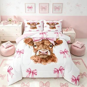 Feelyou Highland Cow Bedding Set Boys Girls Twin Size Highland Cattle Comforter Set for Kids Women Men Pink Bow Comforter Kawaii Animal Duvet Set Cute Quilt Set