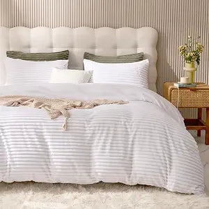 JELLYMONI Plush Duvet Cover Set, Queen Pure White Striped Fluffy Shaggy Comforter Cover 3pcs Bedding Set, 90"��90"