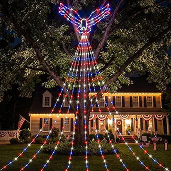 Glooglitter 11.5ft 4th of July Outdoor Light Decor 250th Anniversary Patriotic Hawk Waterfall Lights Blue Red White Eagle LED USB Powered for Independence Day Memorial Party Tree Yard Door Wall Decor