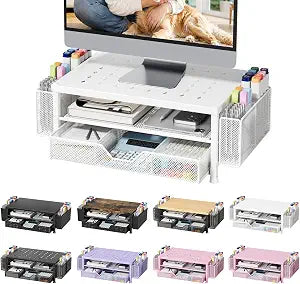 Monitor Stand Riser with Mesh Drawer and 2 Pen Holders, White Star Vent Top