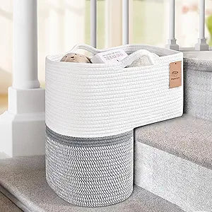 Woven Stair Basket, Stair Baskets for Wooden Stairs, Carpeted Stairs Storage Basket with Handles, Staircase Baskets for Toys, Books, Gray, 15 L x 10 W x 15 H
