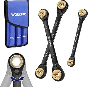 WORKPRO 3-Piece 4-in-1 Reversible Ratcheting Wrench Set, 12 Sizes in 3 Wrenches (8MM to 19MM), Metric, Anti-Slip, Double Box End, 72-Tooth, CR-V, 6-Point, with Storage Bag - for Repair & Maintenance