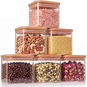 6-Pack 0.7Qt Small Rectangle Glass Storage Jars with Bamboo Lids, Pantry Storage Containers for Neat Organization, Ideal for Minimalist Kitchen Organizer, Nut, Coffee Beans, Candy, Tea