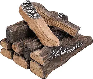 Skyflame Large Ceramic Logs for Gas Fireplace, 10 Piece Set of Heat Resistant Realistic Logs for Decorate Firepit, Gas Inserts, Ventless & Vent Free