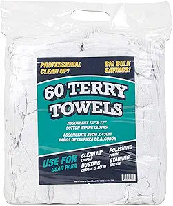 Arkwright TT60 Terry Cloth Rags, Pack of 60, 100% Cotton Cleaning Towels for Kitchen, Auto Shop and Bar Use, Absorbent Machine Washable, 14 x 17 in, White