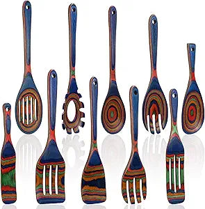 Teenyyou 10 Pcs Pakkawood Kitchen Utensils Set Blue Rainbow Pakkawood Wooden Spoons for Cooking with Spatula, Slotted Turner, Rice Paddle Long Handle Non Stick Utensils Set for Household Women Gifts