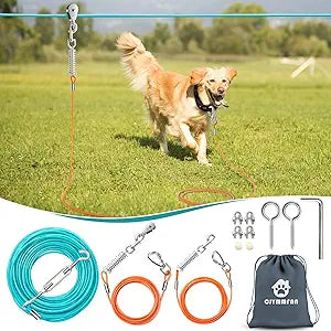Professional Dog Runner Trolley SystemHeavy Duty & Adjustable 50ft Dog Zip Line with 10ft & 15ft Tie Out for Large Dogs Up to 250lbs, Chew Proof Dog Run Cable for Yard, Camping & Outdoor Adventure