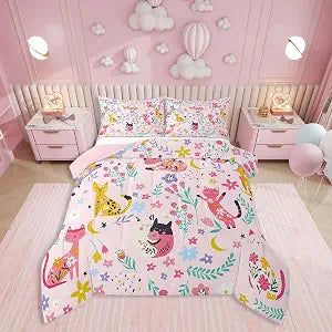 Kids Bedding Cartoon Twin Size,Cute Floral Cat Comforter Sets