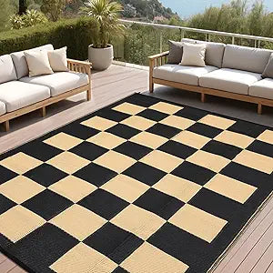 GarveeHome Outdoor Rug 5 x 8 Waterproof Modern Checkboard Plastic Straw Rug, UV-Resistant Outside Woven Camping Rug, Foldable Geometric Plaid Reversible Mat for Backyard, Picnic, Black Brown