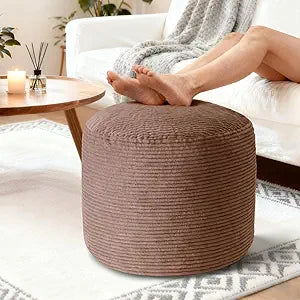 26" x 26" x 18" Pouf Ottoman Foot Rest, Pre-Stuffed Round Foot Stool with Odorless Shredded Memory Foam, Furry & Fluffy Corduroy Footrest for Living Room, Brown