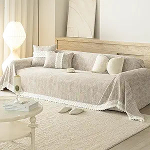 VOGOL Chenille Couch Cover, Ribbed Sofa Throw with Pom Pom Trim, Soft Furniture Protector for Loveseat, Farmhouse Couch Cover for Dogs, Dark Coffee, 70x90 Inches
