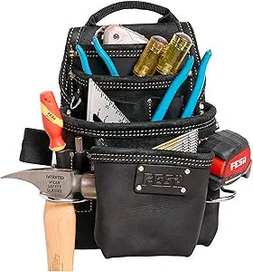 FESA Leather Carpenter Tool Pouch - 10-Pocket Heavy Top Grain Leather Carpenter Pouch with 2 Hammer Loops, Tape Clip, Large & Small Pockets - Fits Work Belts up to 3" - Handcrafted
