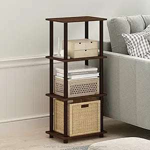 Furinno Turn-N-Tube Side Table, 3-Tier End Table with Open Shelf, Easy Assembly Night Stand, Bedside Table with Round Tube, for Living Room, Bedroom, Walnut
