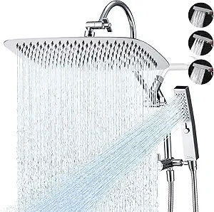 G-Promise All Metal 14 Inch Shower Head with Massage Mode Handheld, Rain Shower Head with Handheld Spray Combo, 3-Way Diverter with Pause Setting, 13 Inch Adjustable Extension Arm (Polished Chrome)