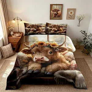 3D Highland Cow Comforter Set Full Size Rustic Farmhouse Cattle Bedding Set Bedroom Decor Cute Livestock Animal Quilt Set for Kids Boys Girls Western Country Style Duvet Insert 3Pcs