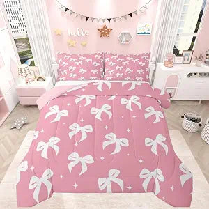 Feelyou Pink Bow Bedding Set Soft for Boys Girls, Girls Bowknot Comforter Set Twin Size Cute Bow Duvet Quilt Microfiber Kawaii Bedroom Decor Dreamy Princess Style 2 Pcs with 1 Pillow Cases