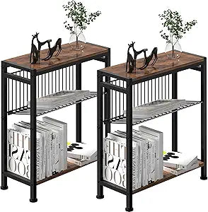 Side Table for Small Spaces, Set of 2 Narrow End Table with Magazine Holder, 2 in 1 Design Slim Side Table, Skinny Nightstand for Living Room Bedroom, Thin Side Magazine Table, Rustic Brown